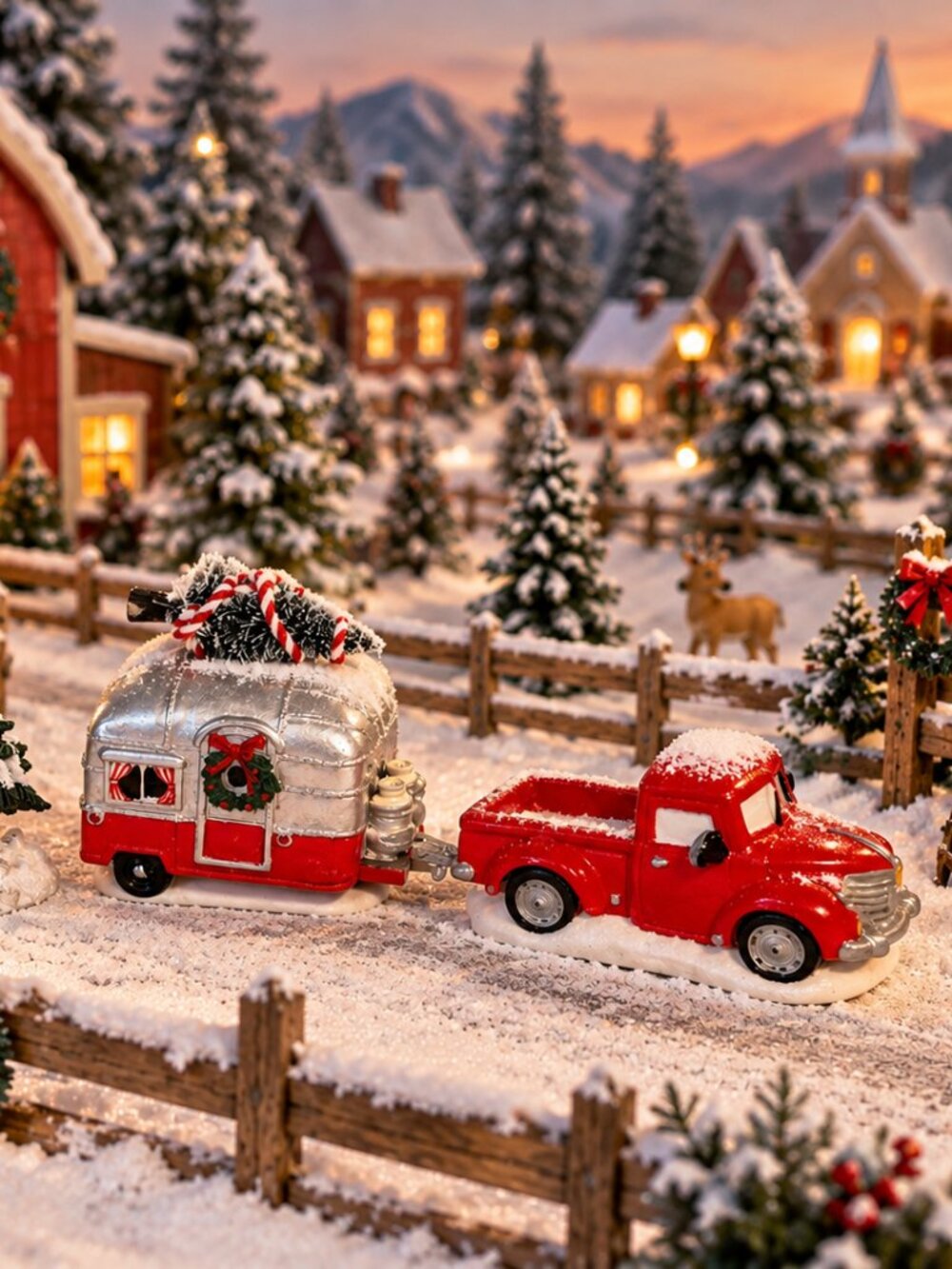 Christmas Village Red Truck Camper & Snowy Pine Tree Accessory Set Holiday Décor